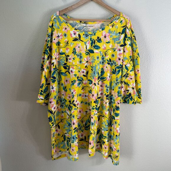Woman Within Womens Plus 5X Floral Tunic Top Yellow Boat Neck Shirt Short Sleeve - Picture 7 of 10